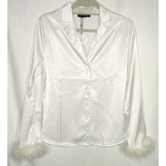 OW Intimates Revolve White Satin Ostrich Feather Trimmed Pajama Top Size 4-XS - Picture 2 of 14